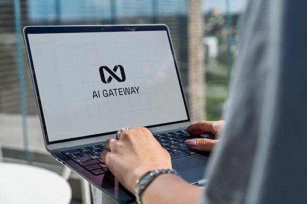 Person on a computer that says "AI Gateway"